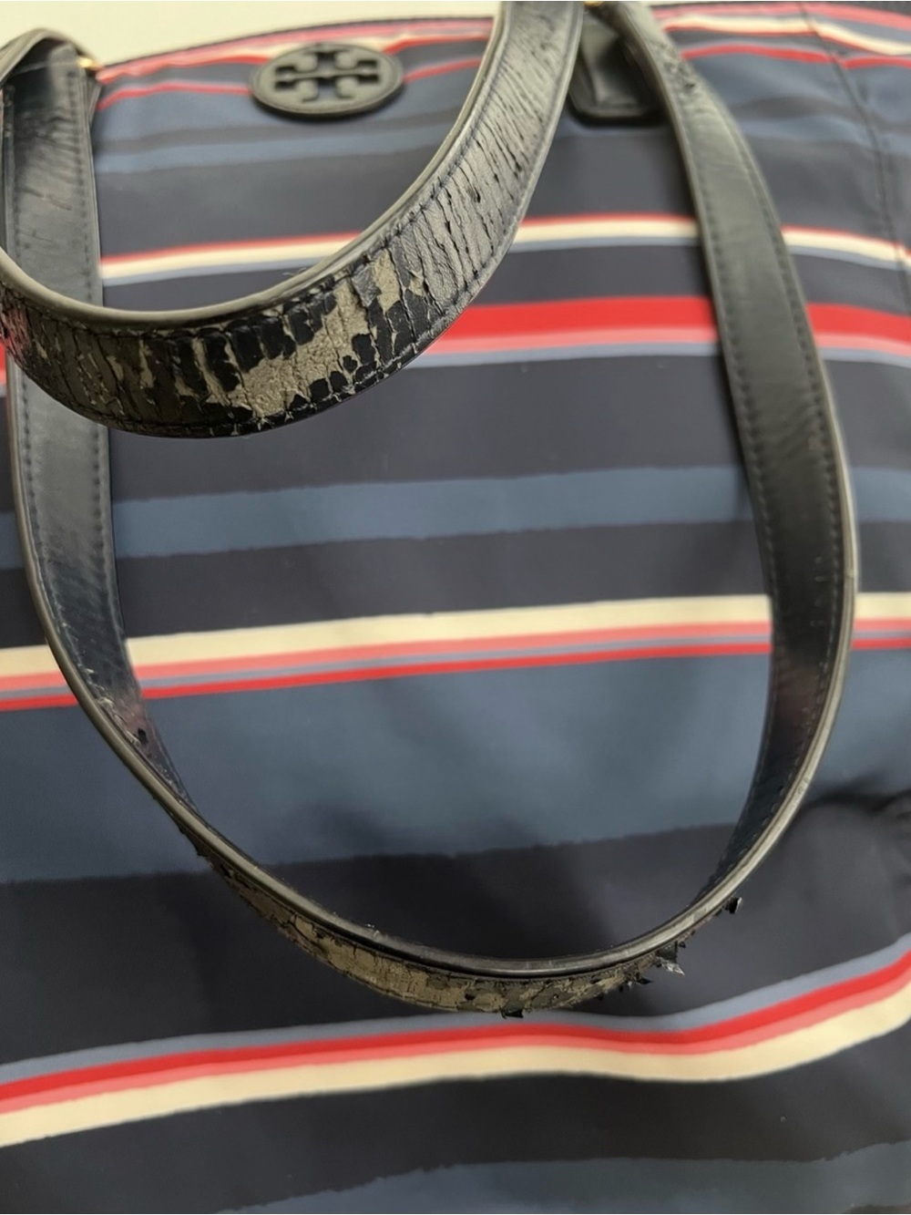 Authentic Tory Burch Nylon Stripe Zipper Tote Navy with red&white
Large Capacity - Picture 9 of 9
